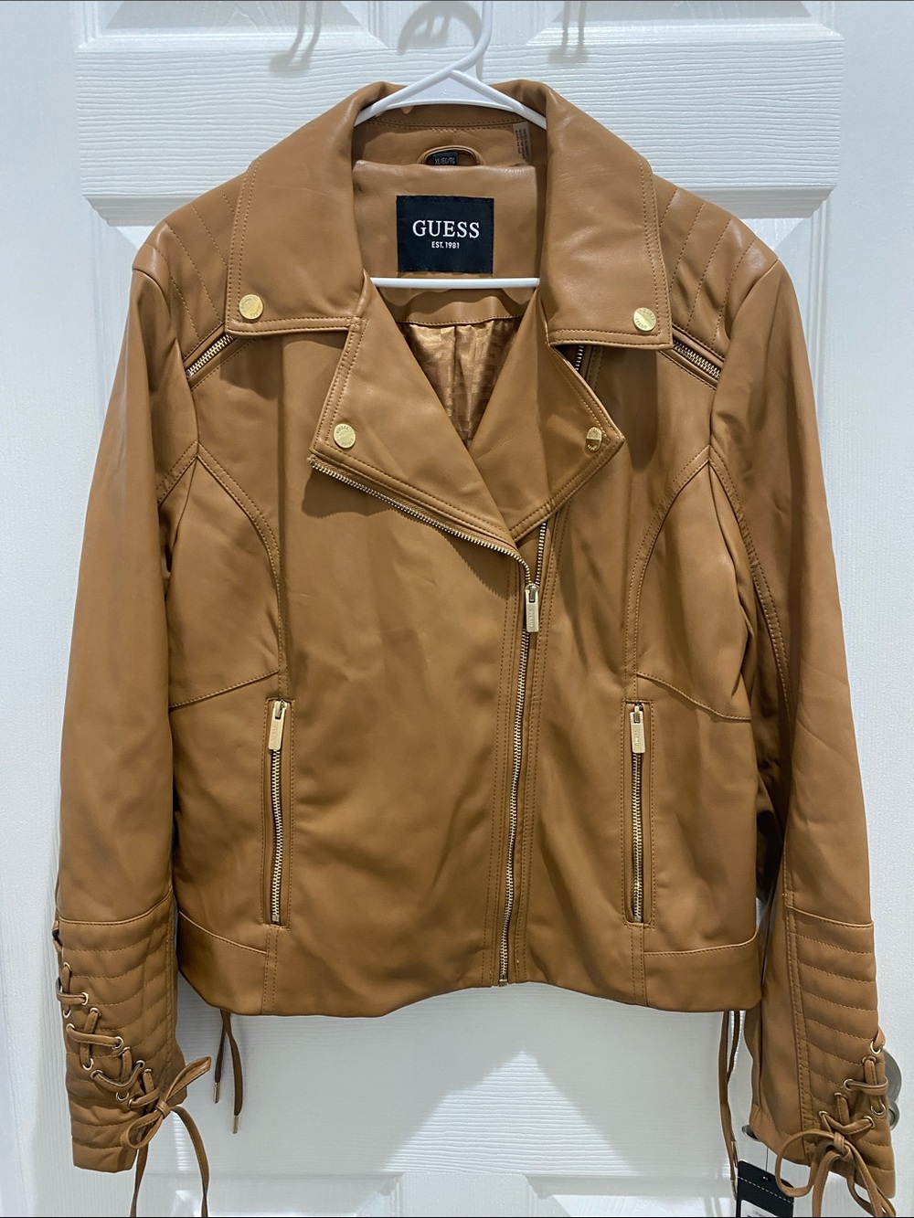 Guess Cognac Faux Leather Moto Jacket with Gold Hardware